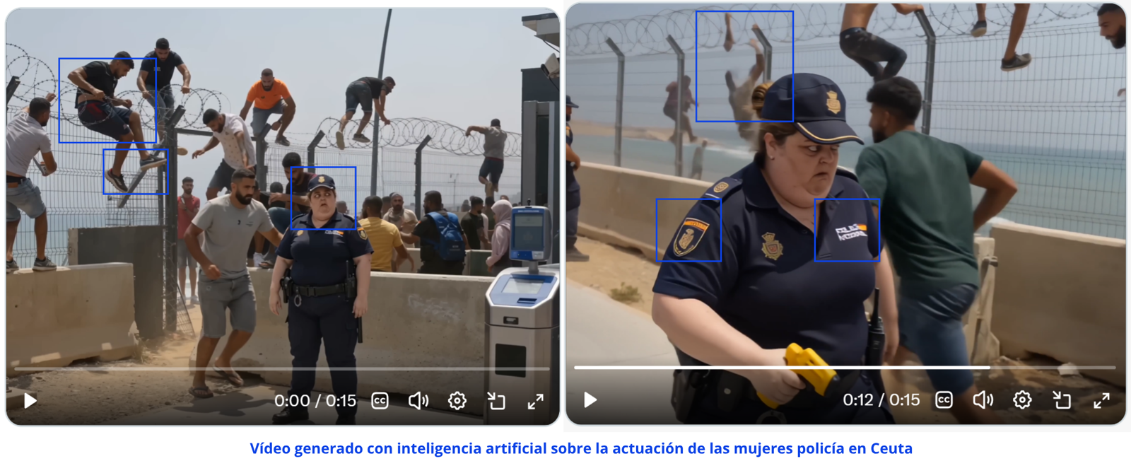Two frames from an AI-generated video showing a Spanish policewoman at the Ceuta fence; blue boxes mark distorted bodies and illegible uniform lettering.