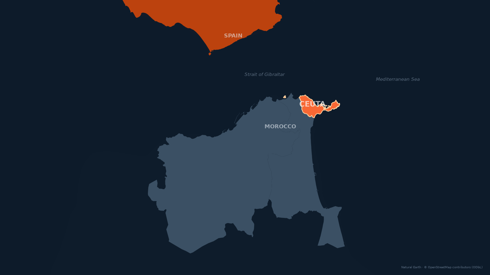 Map of the Strait of Gibraltar: Spain to the north, Ceuta highlighted on the Moroccan coast to the south.