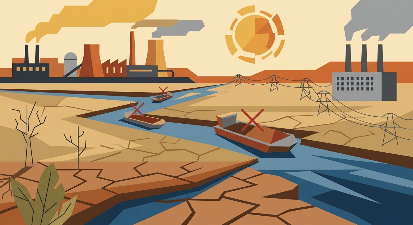 Stylized flat vector illustration of a dry riverbed with industrial factories and pipes, symbolizing heatwave impact on waterways and industry.