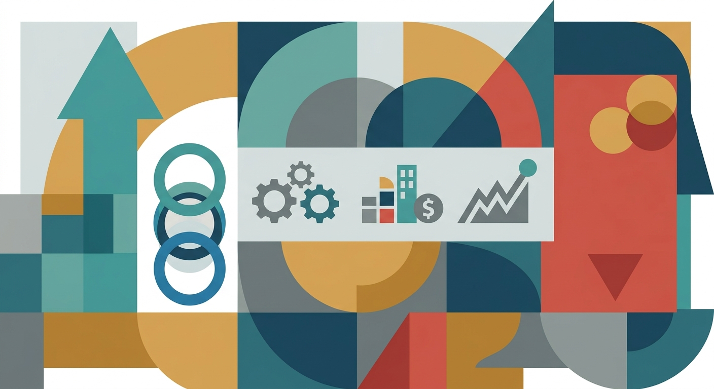 Minimalist flat vector illustration with geometric shapes representing abstract financial concepts and data trends.