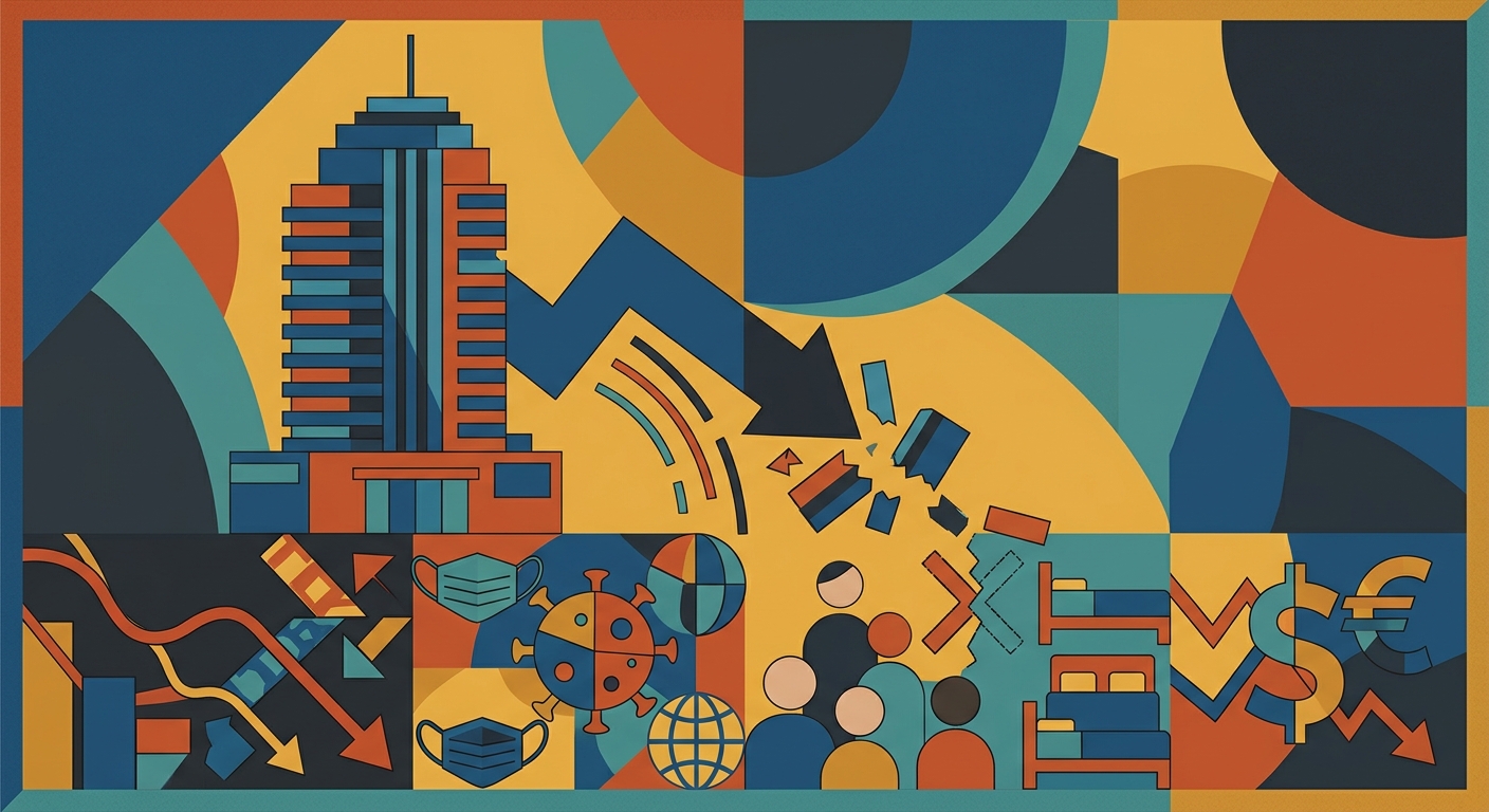 Minimalist flat vector illustration with geometric shapes depicting a declining financial trend line.