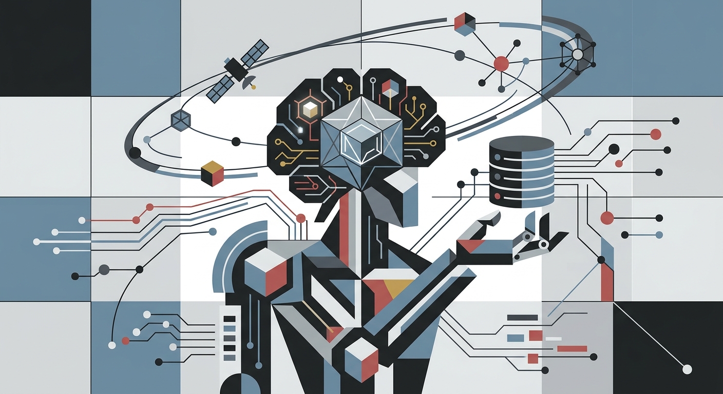 Minimalist flat vector illustration using geometric shapes to represent an abstract artificial intelligence concept.