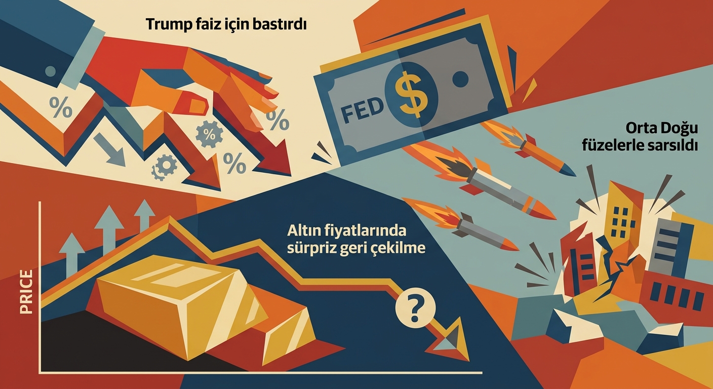 Altın paralarını ve finansal grafikleri simgeleyen geometrik şekillerin olduğu minimal tarzda soyut çizim.
