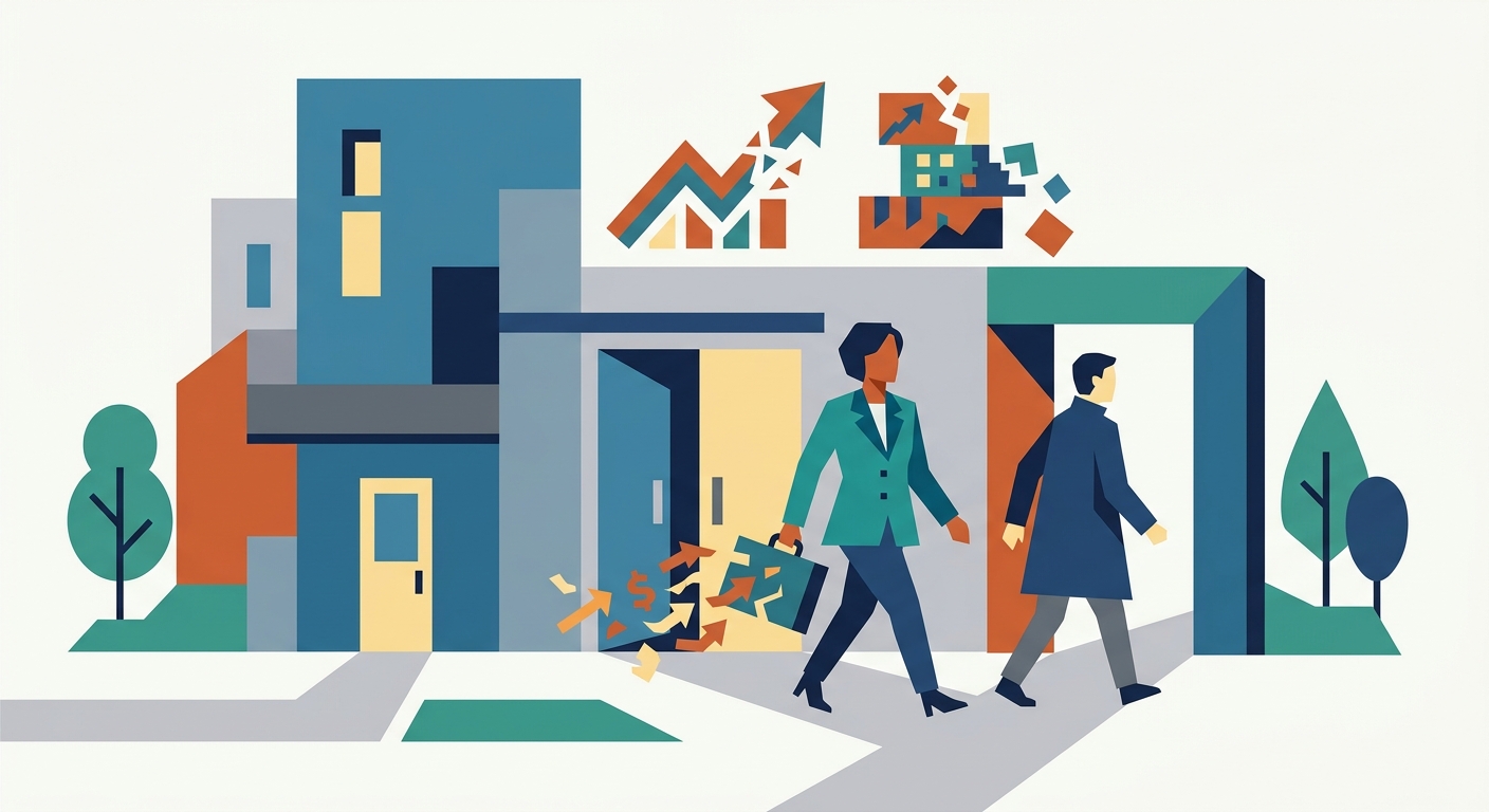 Minimalist flat vector illustration featuring geometric shapes and abstract paths symbolizing departure and transition.