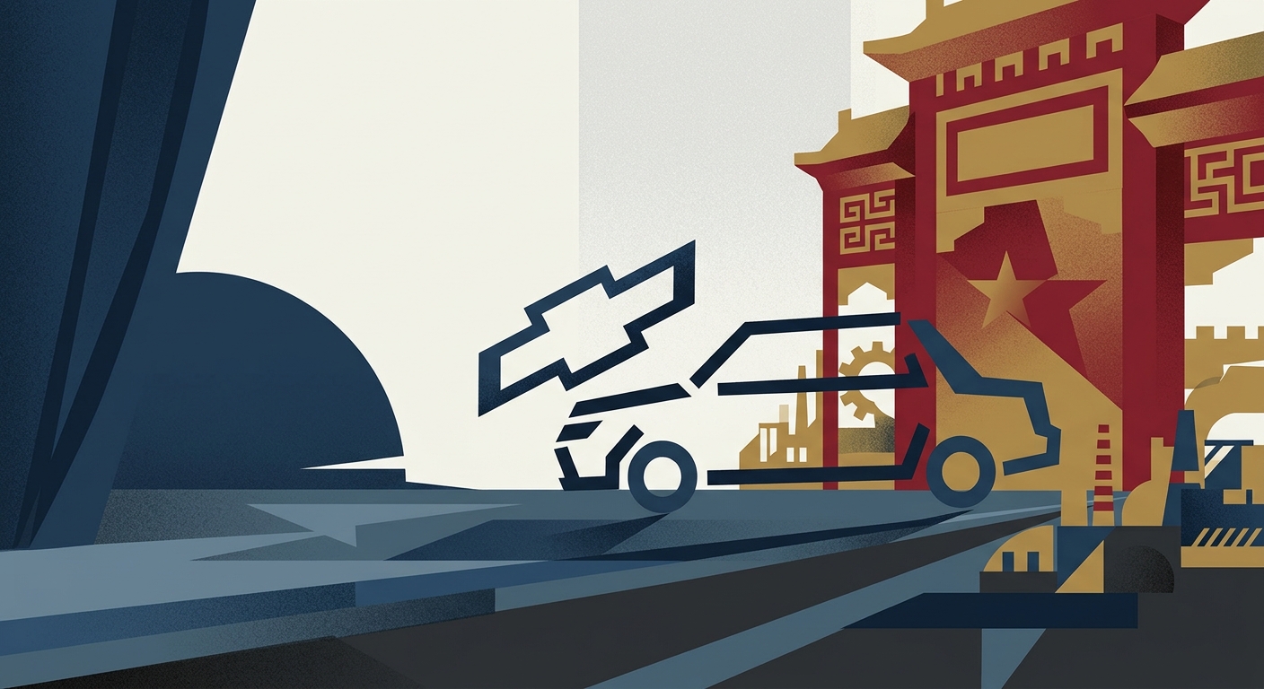 Flat vector illustration of a stylized car silhouette moving away from colorful geometric shapes on a plain background.