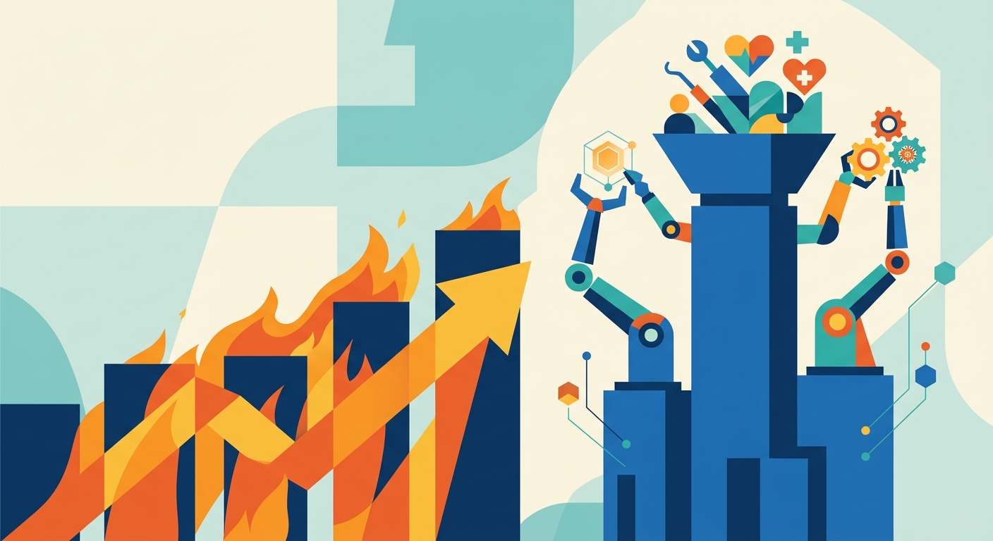 Minimalist vector illustration with geometric shapes suggesting competition and strategic growth in medical technology.