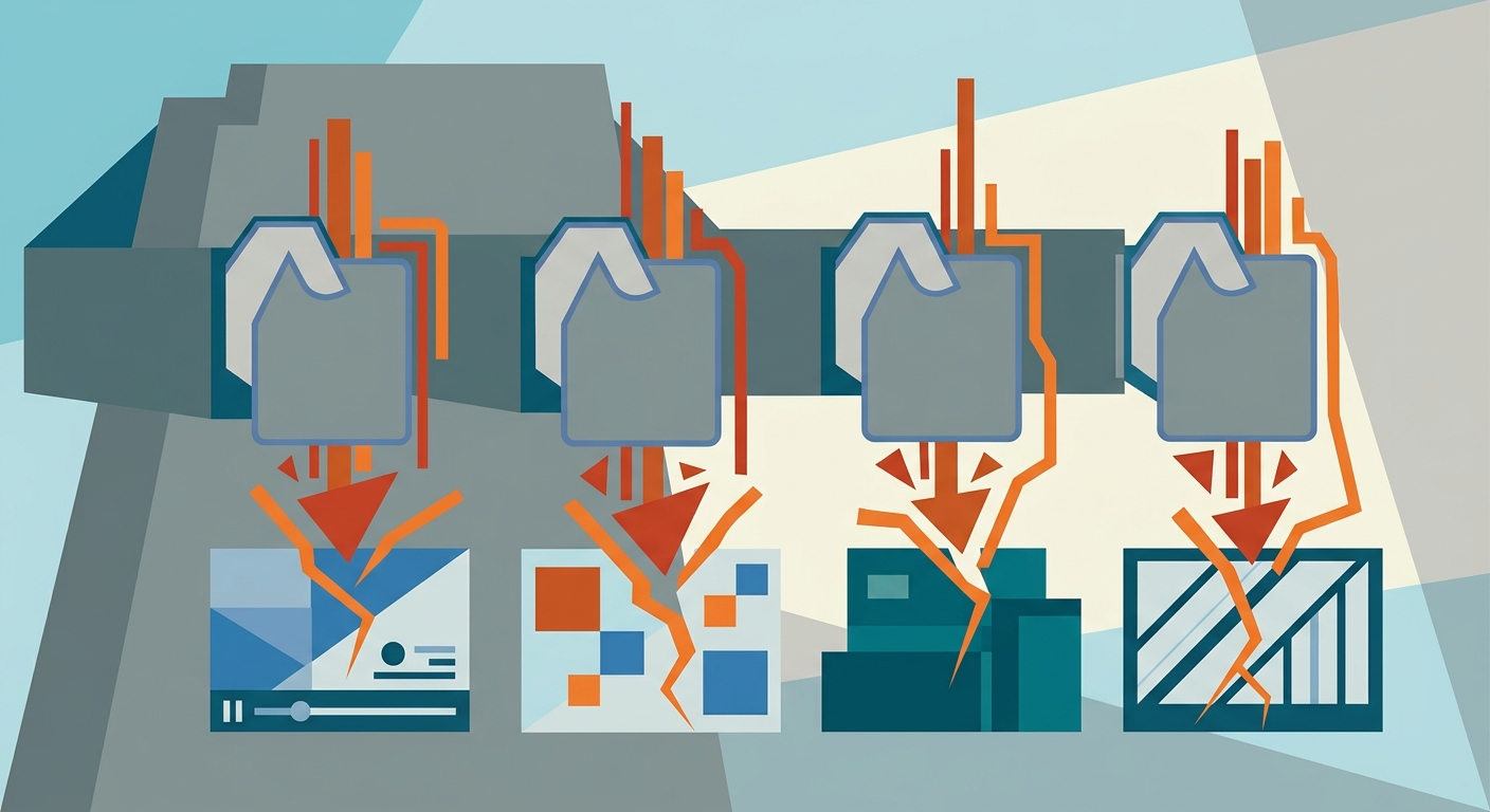 Minimalist geometric vector illustration of digital interface elements being blocked by large warning shapes.