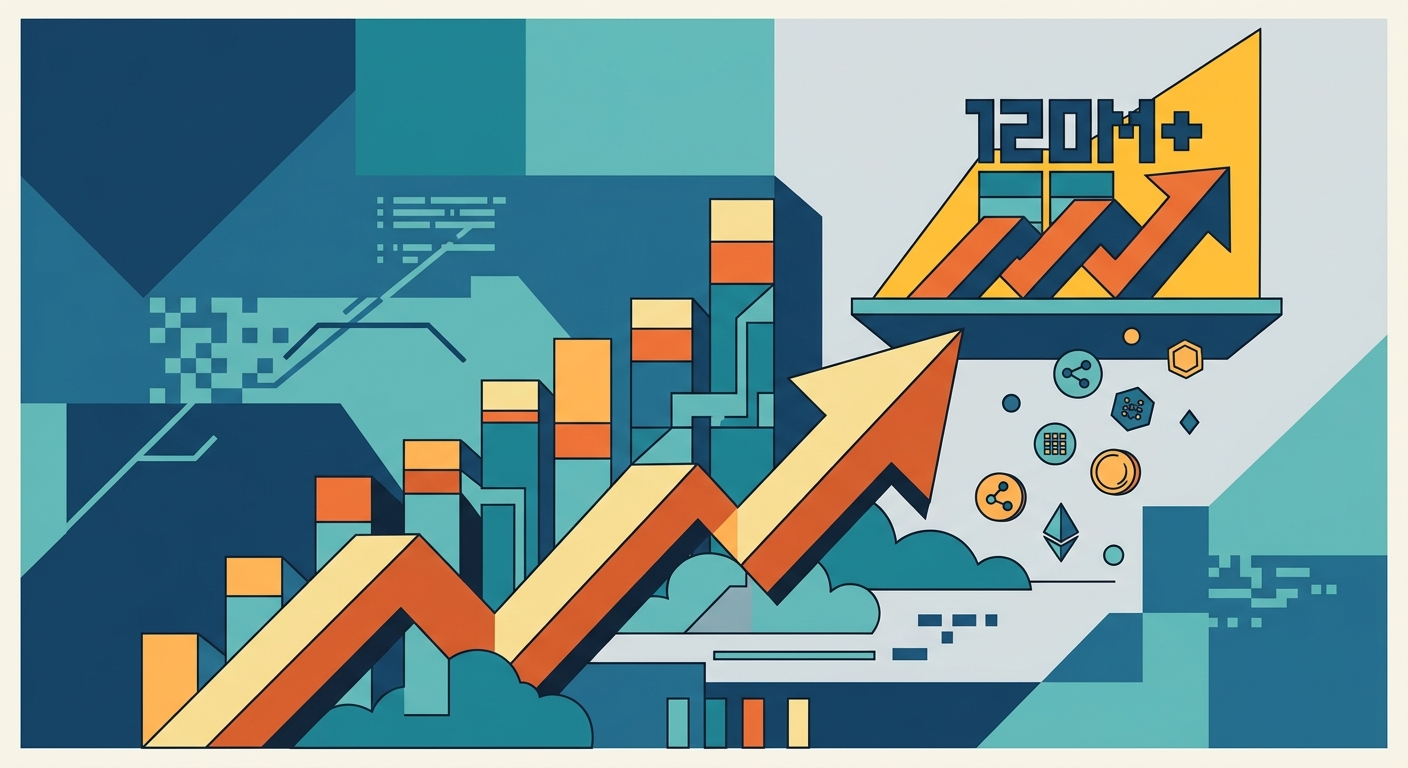 Minimalist vector illustration with geometric shapes showing an upward rising financial trend line in a flat style.