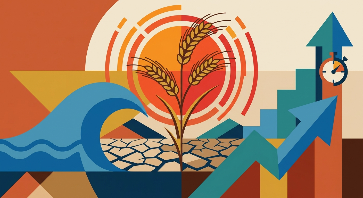 Minimalist vector illustration of wheat stalks rising against a geometric background with warm, flat color tones.