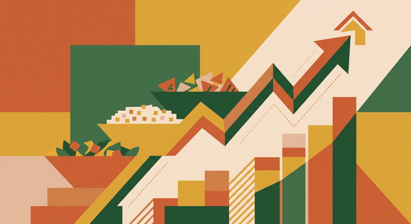 Yükselen bir grafik grafiği ve büyüme sembollerini içeren minimalist, geometrik ve düz tasarımlı soyut illüstrasyon.