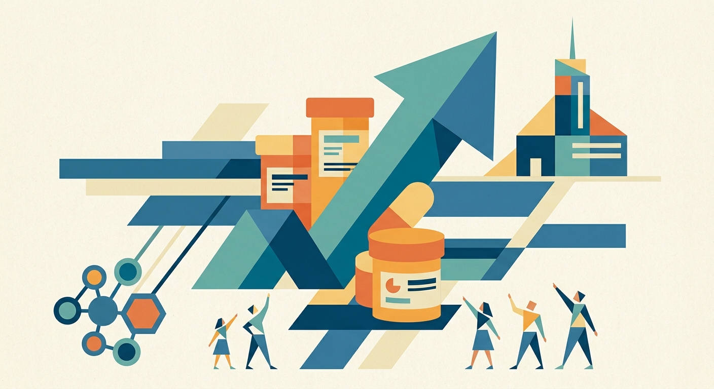 Minimalist geometric vector illustration with abstract upward-trending shapes and rising bar charts in a flat color palette.