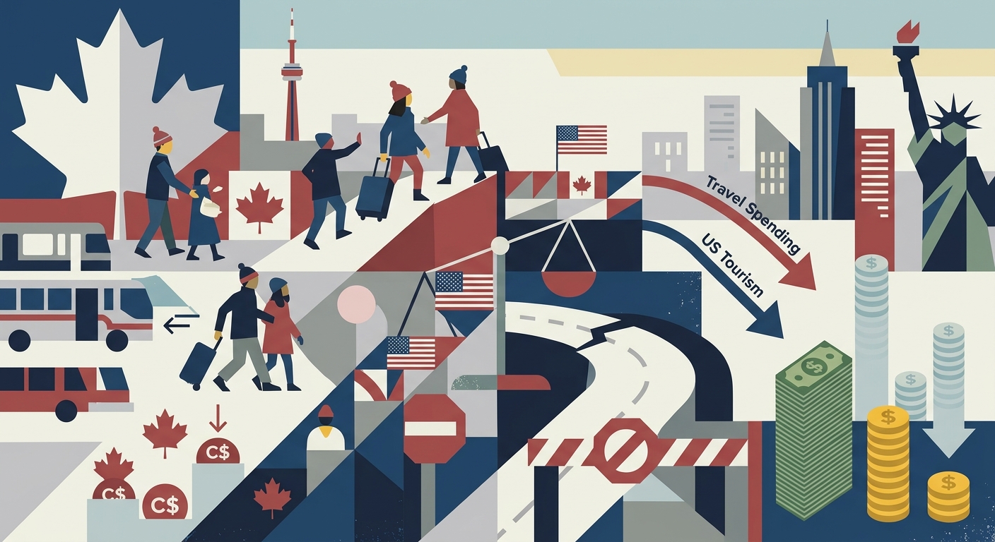 Flat vector illustration of a stylized person with a suitcase and a maple leaf walking away from a US symbol and a downward arrow.