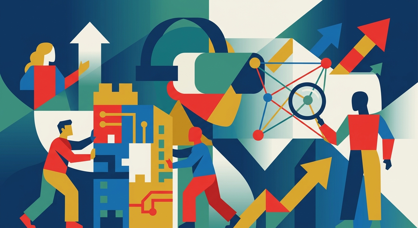 Minimalist geometric vector illustration with flat shapes expressing a conceptual sense of momentum and growth.