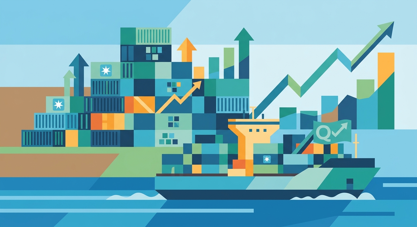 Minimalist flat vector illustration of geometric shapes representing cargo containers and upward financial growth arrows.
