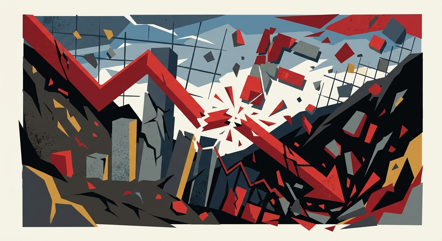 Minimalist flat vector illustration of a declining red arrow moving downwards through geometric shapes.