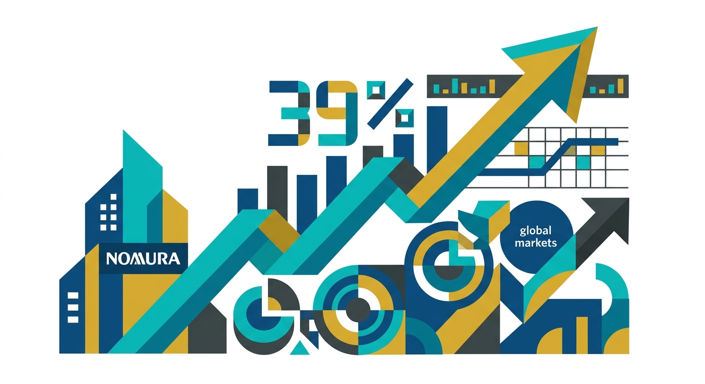 Yükselen grafik çizgilerini ve finansal büyüme sembollerini içeren minimalist, geometrik ve düz renkli bir illüstrasyon.