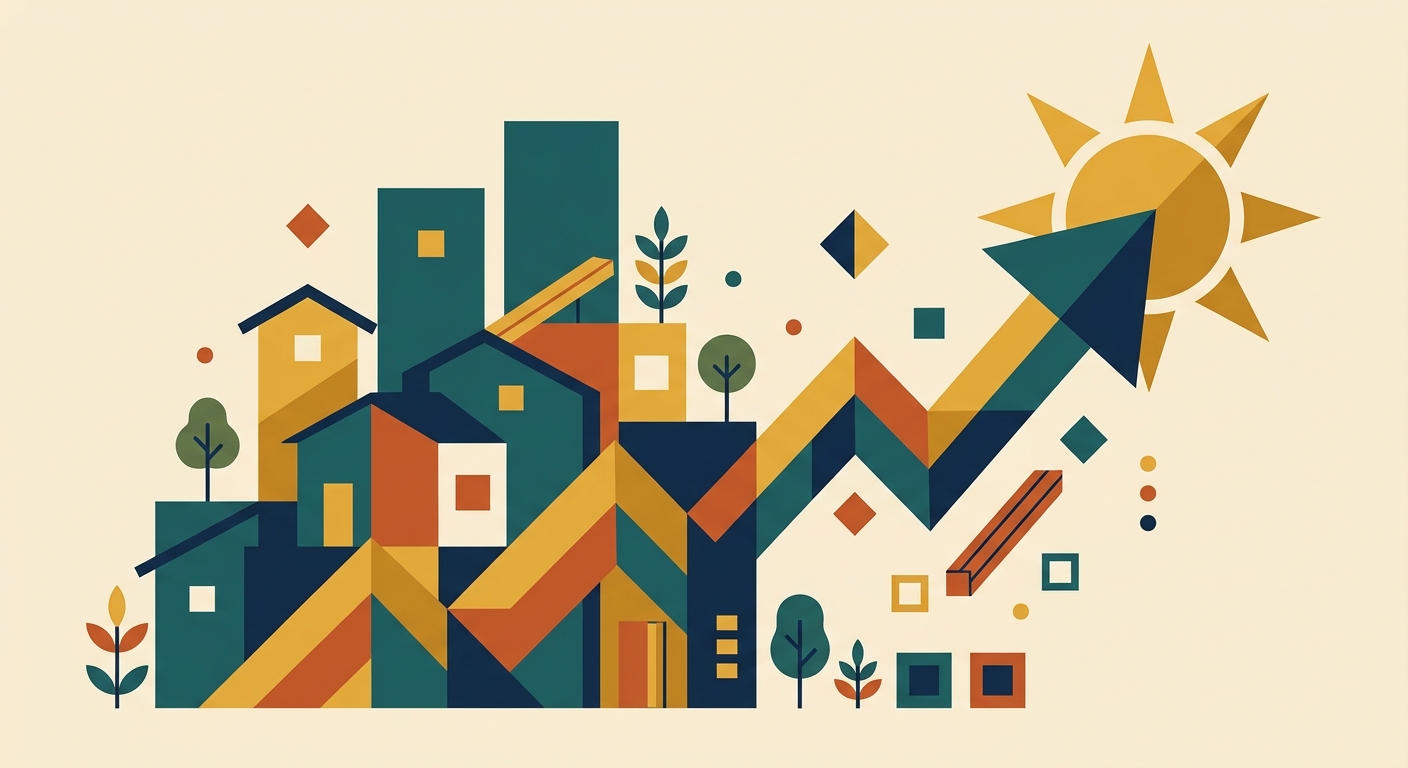Minimalist flat vector illustration featuring geometric shapes representing growth and financial data trends.
