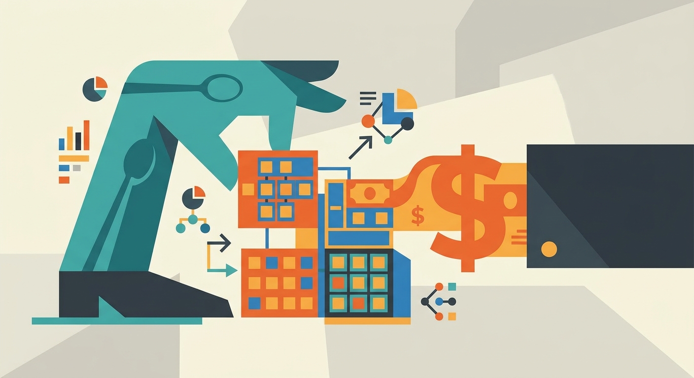 Minimalist geometric vector illustration depicting abstract concepts of corporate acquisition and financial transaction.