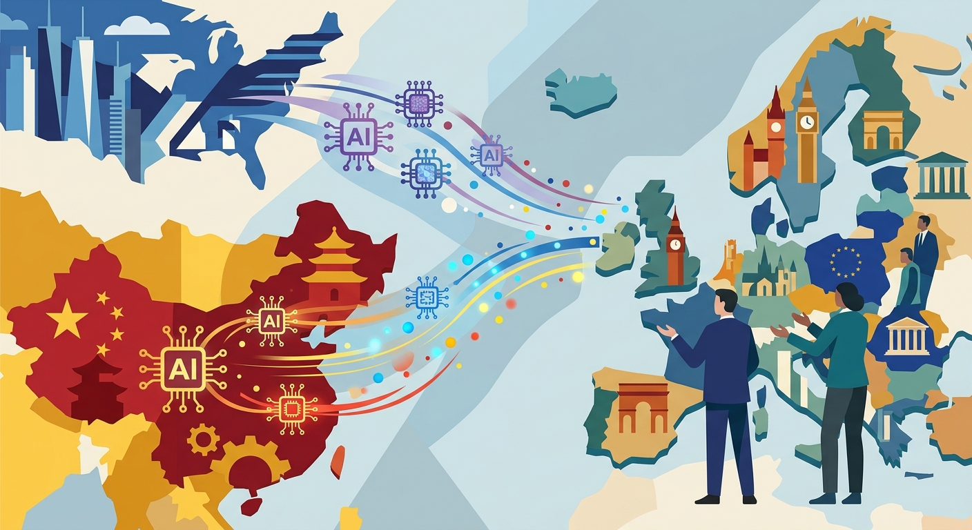 Flat vector illustration of abstract geometric shapes representing competition between global technology powers.