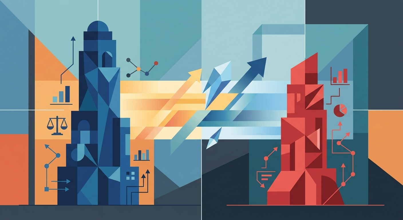 Flat vector illustration with minimal geometric shapes representing a financial valuation gap between two competing entities.