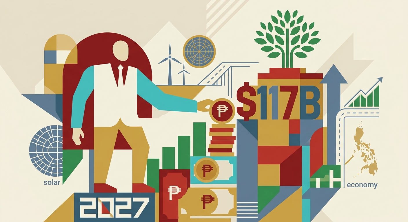Flat vector illustration of rising geometric shapes and arrows symbolizing sustainable economic growth.