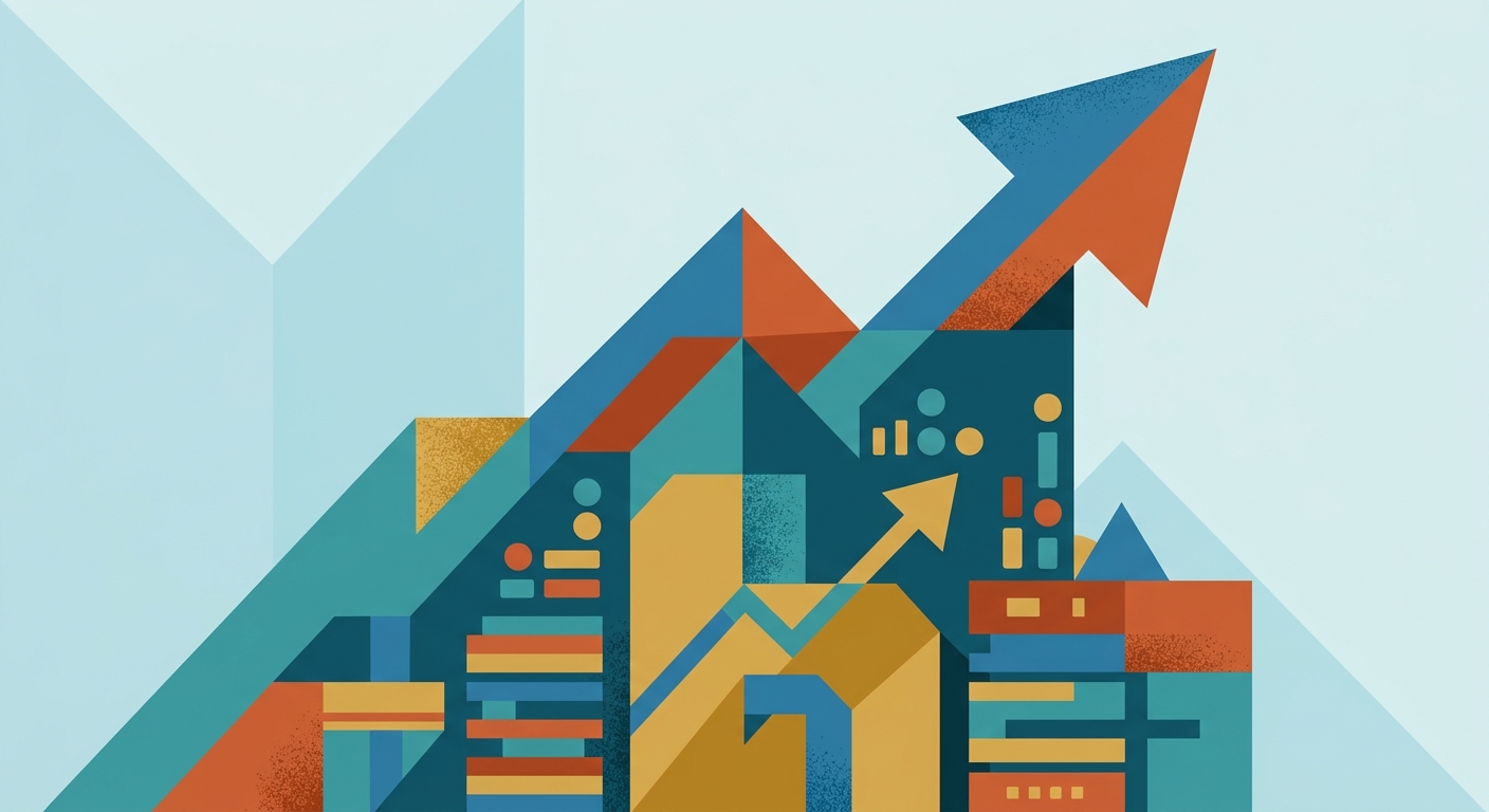 Minimalist vector illustration with geometric shapes and upward arrows symbolizing financial growth and profit increase.