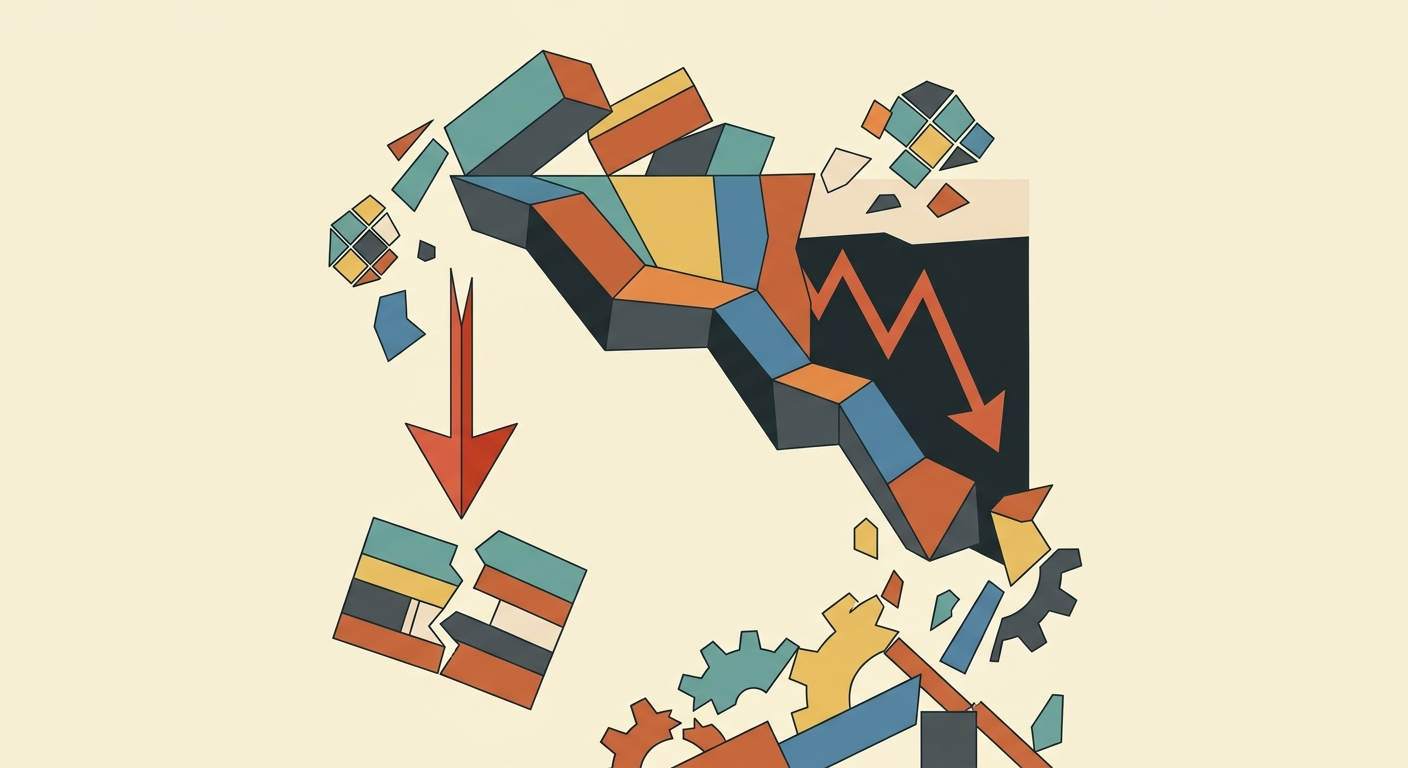 Minimalist flat vector illustration of a downward-trending geometric line graph with declining red bars.