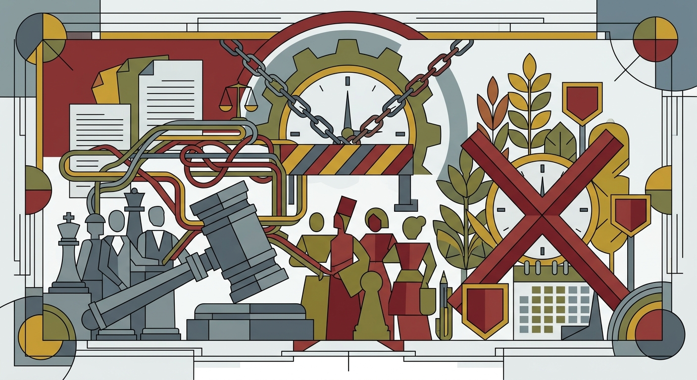 Minimalist flat vector illustration of geometric shapes representing legal concepts and a conceptual courtroom setting.