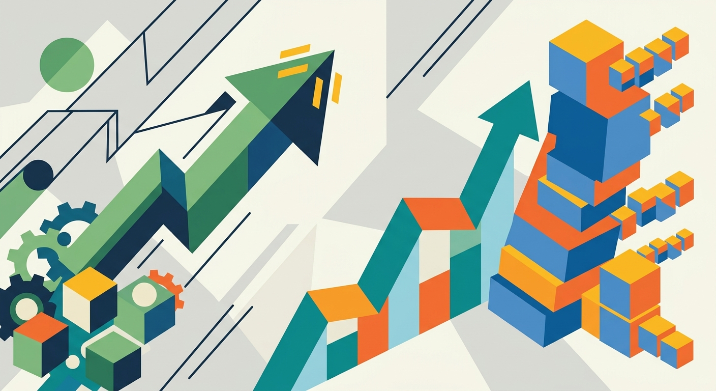 Artış gösteren grafikler ve yükselen borsa grafiklerini temsil eden minimalist, geometrik ve soyut vektör çizimi.