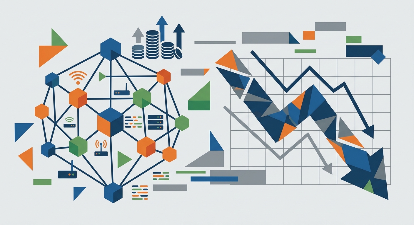 Minimalist geometric vector illustration representing digital networking connections and data flow with abstract shapes.