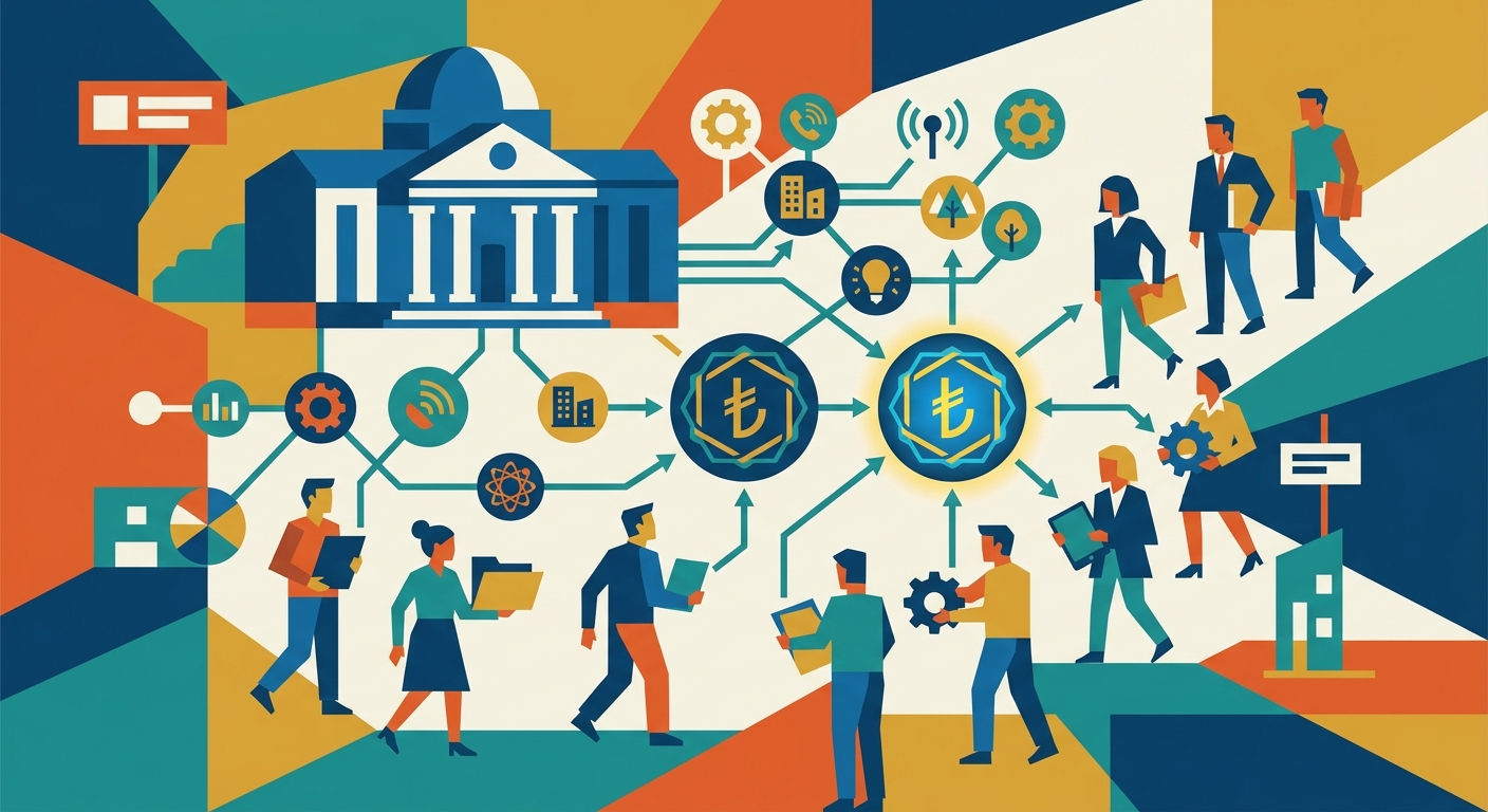 Minimalist geometric vector illustration of digital currency symbols and interconnected network nodes.