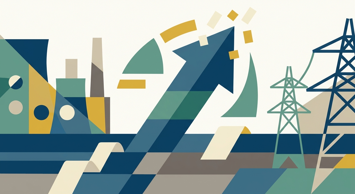 Minimalist vector illustration of rising geometric bar charts and upward-pointing arrows in a flat design style.