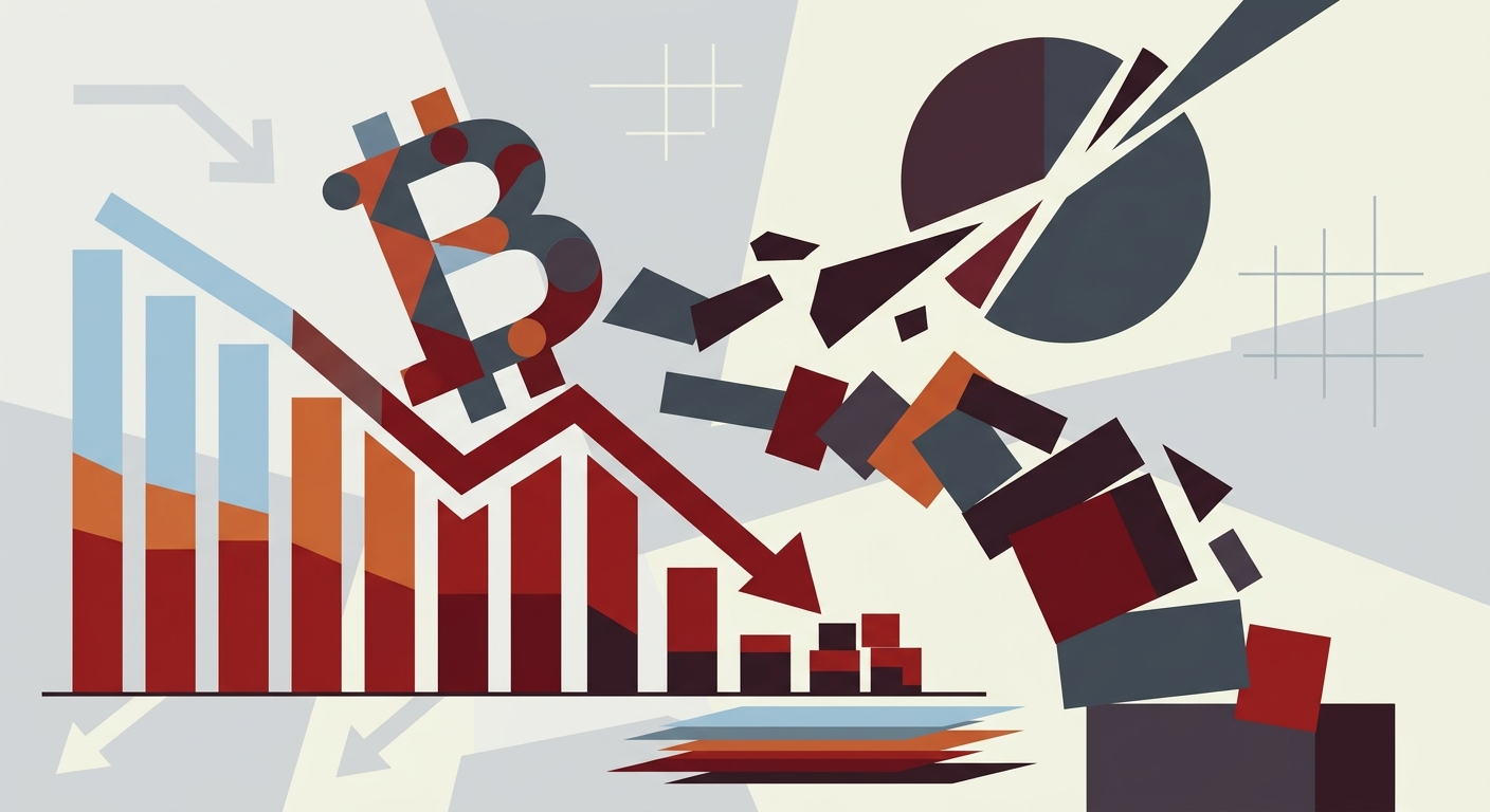 Bitcoin ve piyasa değerindeki düşüşü simgeleyen, minimalist geometrik şekillerden oluşan soyut bir vektör çizimi.