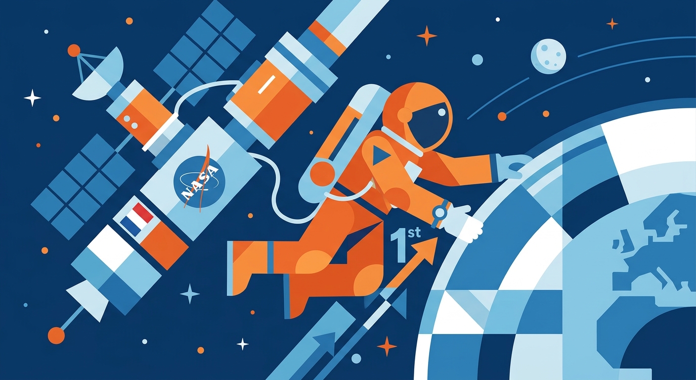 Minimalist vector illustration of a stylized astronaut silhouette floating amidst geometric cosmic elements and stars.
