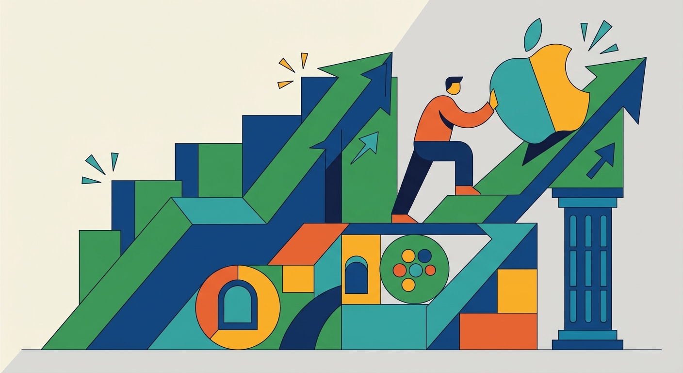 Minimalist flat vector illustration using geometric shapes to symbolize financial growth and upward success.