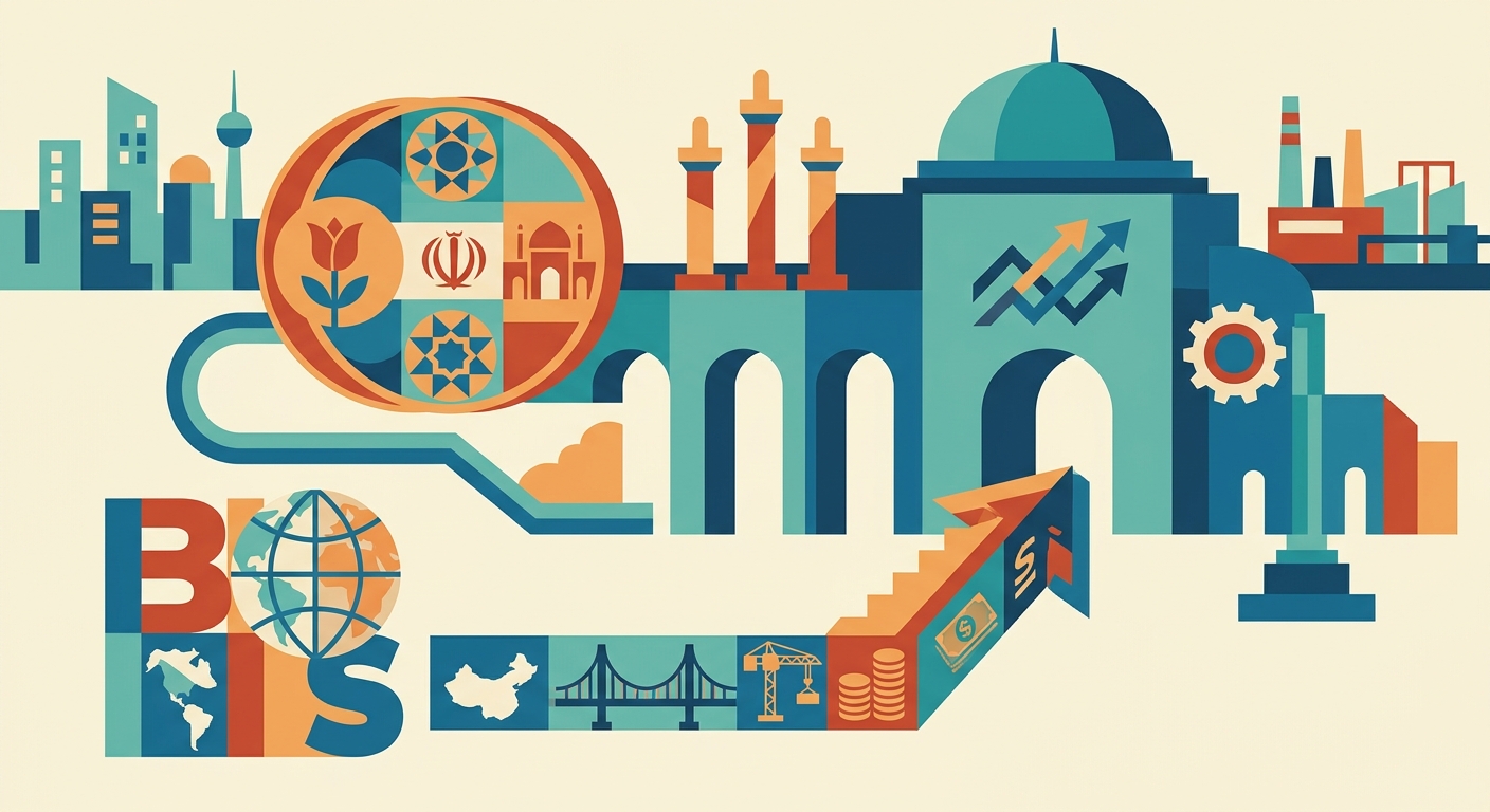 Minimalist geometric vector illustration representing global banking and economic connections via abstract shapes.