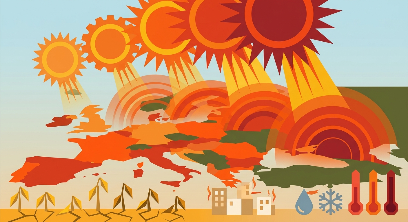 Minimalist vector illustration of sun and heat wave patterns using geometric shapes and a warm color palette.