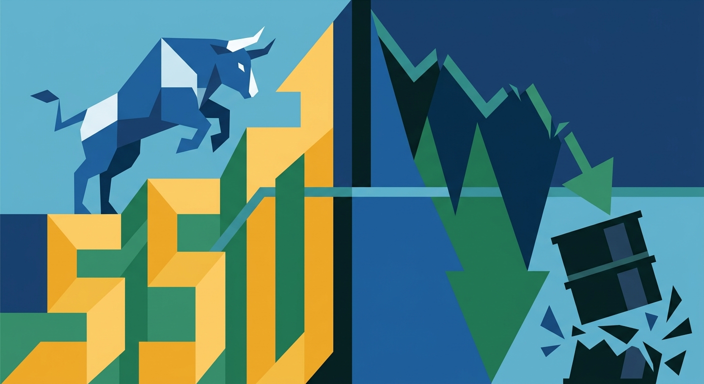 Minimalist vector illustration showing rising financial bar charts and a downward trending line graph.