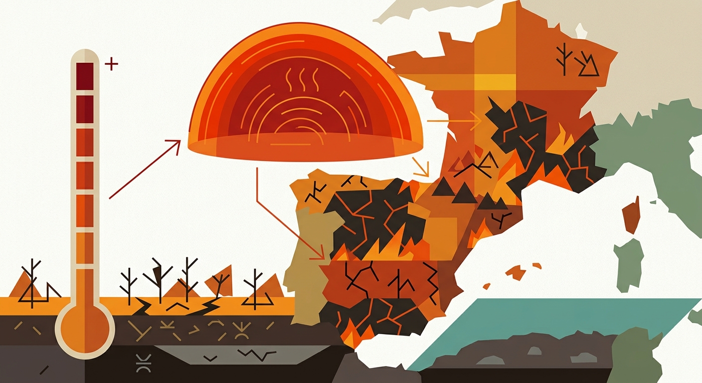 Minimalist vector illustration of a stylized, glowing orange Earth against a dark background with heat waves.