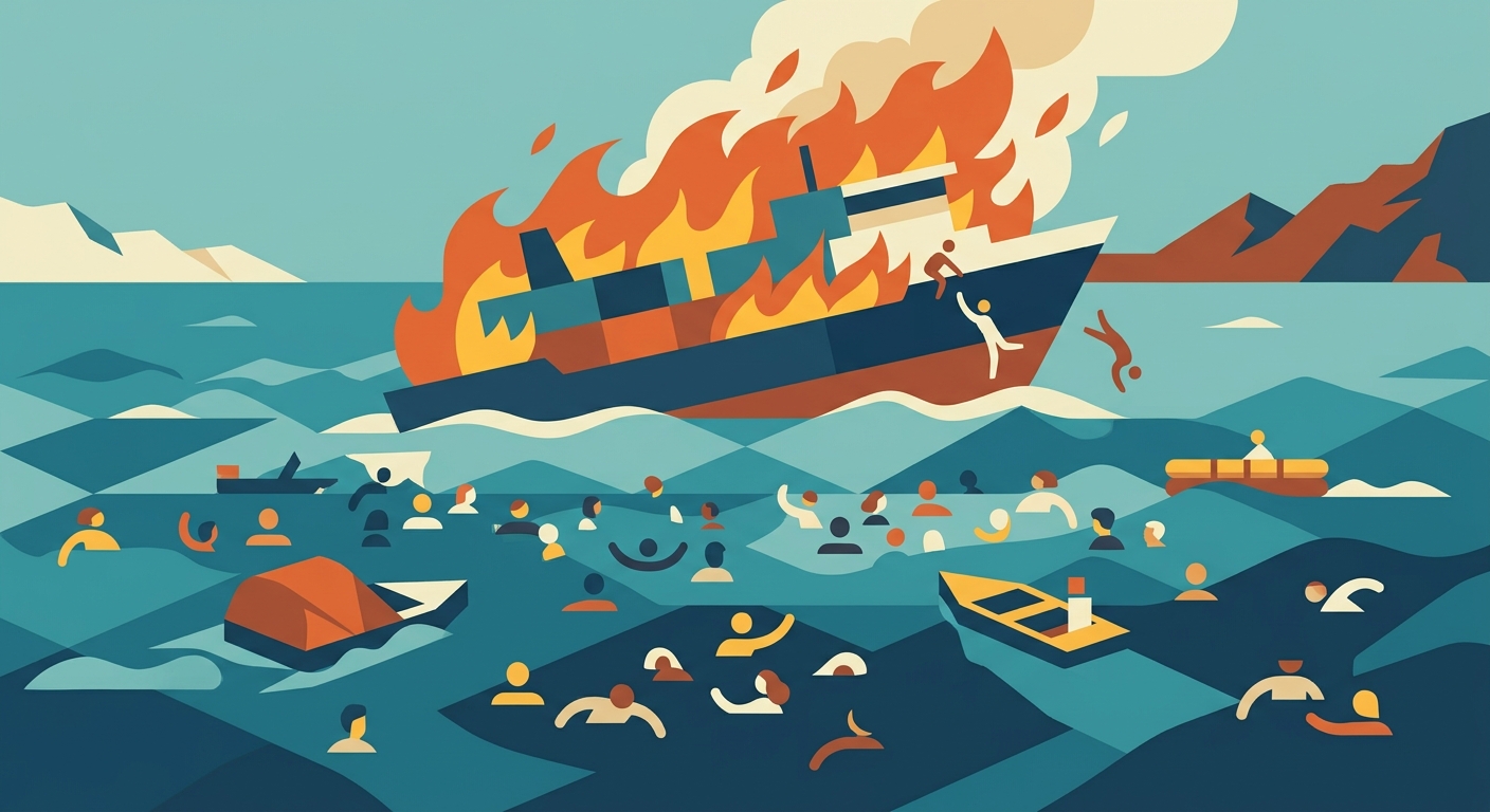 Minimalist flat vector illustration of a small boat surrounded by fiery orange waves and geometric stylized shapes.