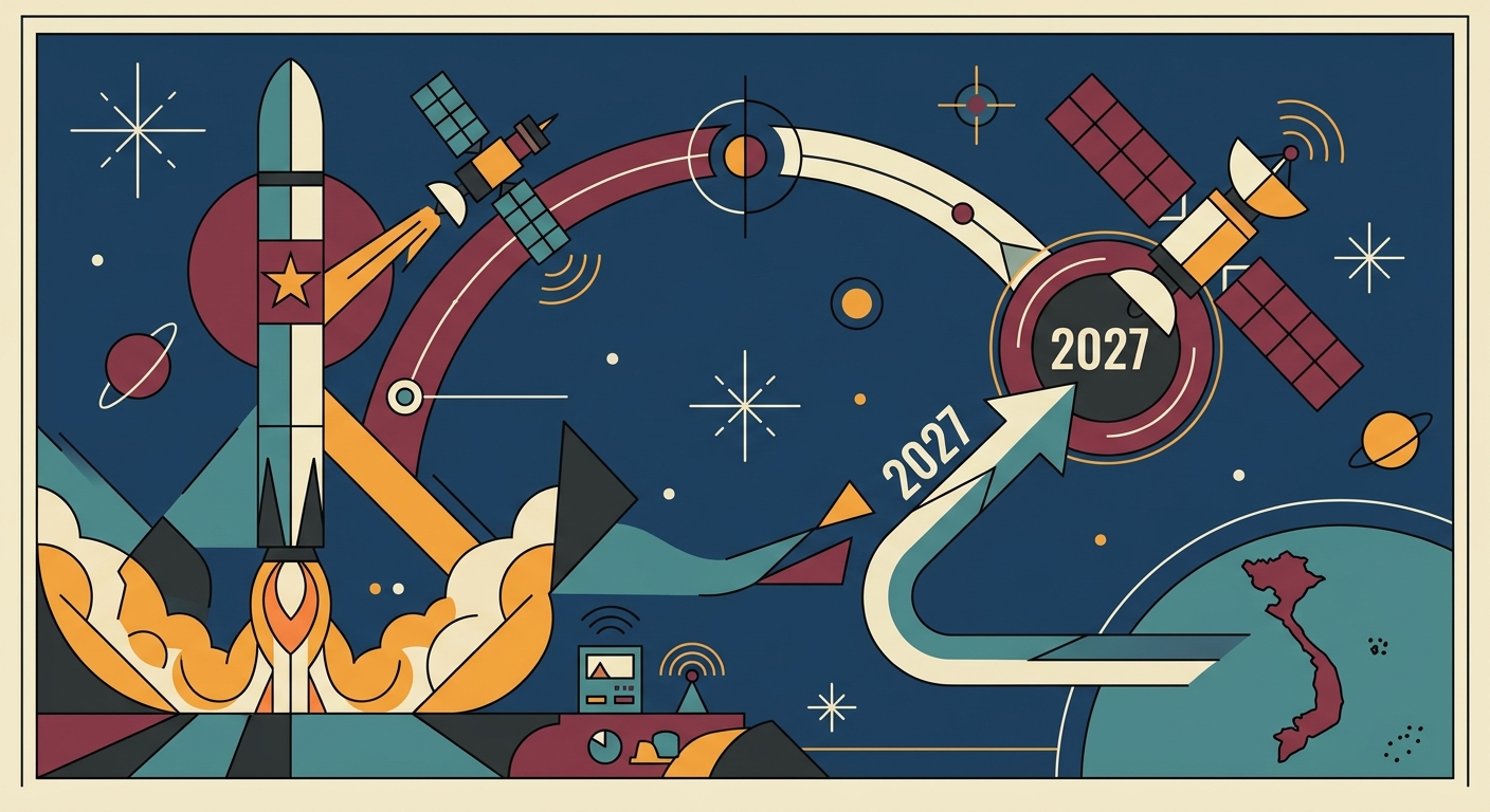 Abstract flat vector illustration of a stylized rocket launching towards minimalist geometric celestial bodies.