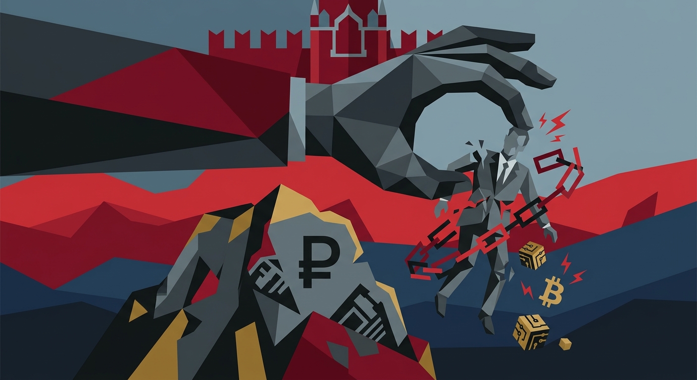 Abstract vector illustration with geometric shapes showing a silhouette in handcuffs and cryptocurrency icons.