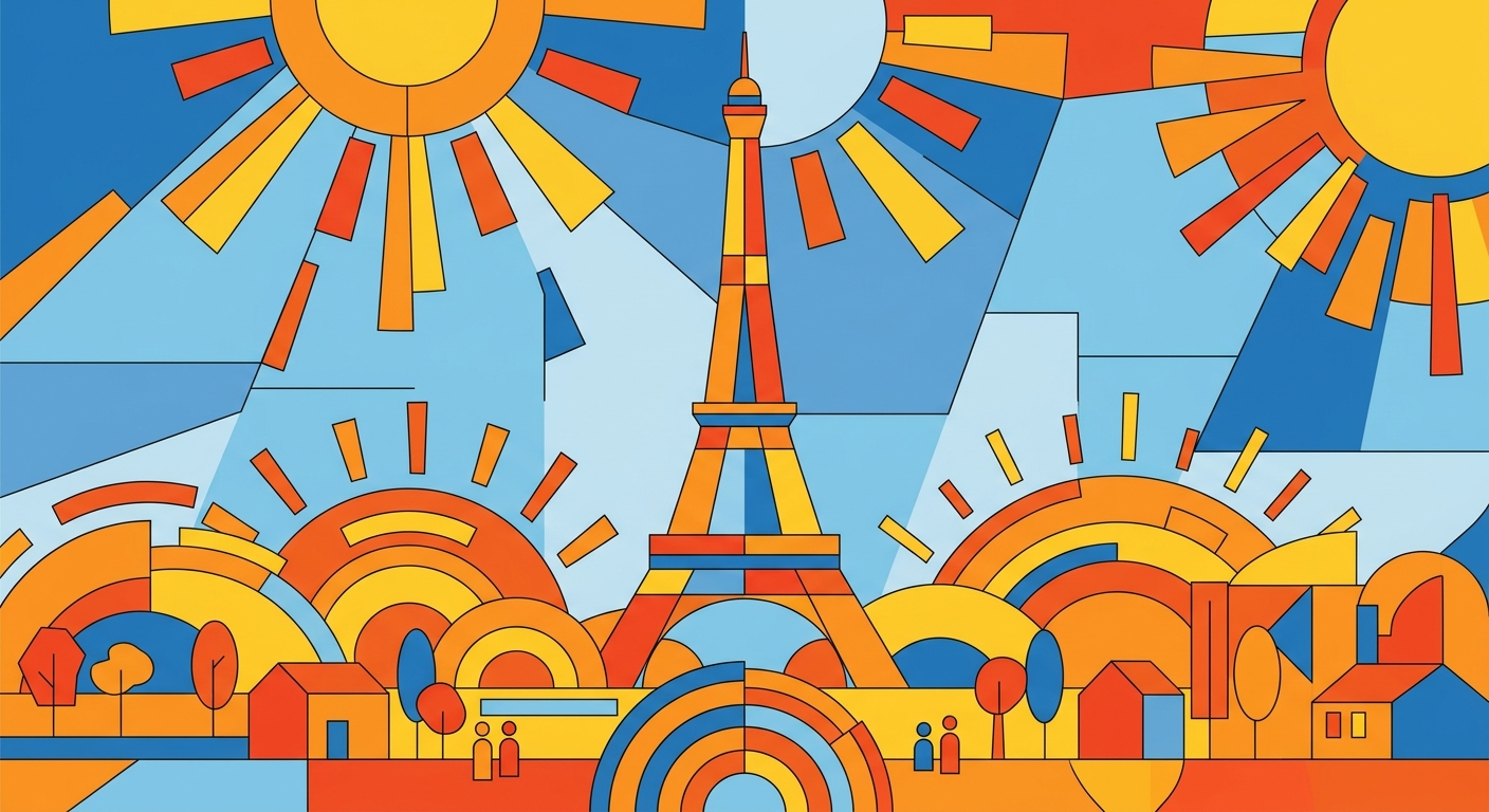 Illustration vectorielle minimaliste avec des formes géométriques évoquant une forte chaleur et des températures élevées.