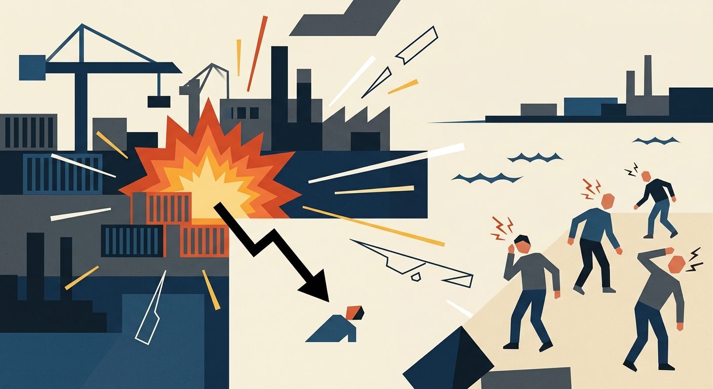 Minimalist vector illustration of geometric shapes depicting an abstract explosion with orange and dark colors.