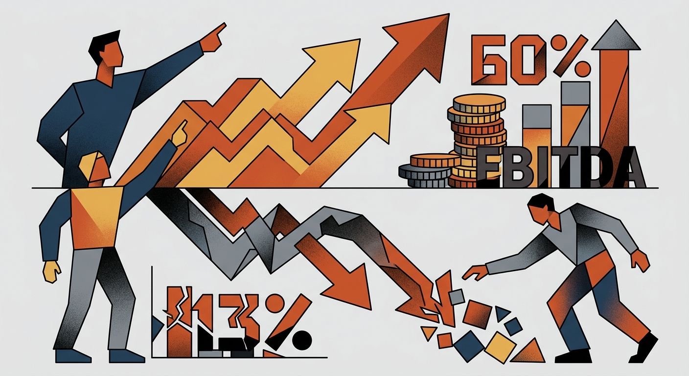 Flat vector illustration with geometric shapes showing an upward green arrow and a downward red arrow.