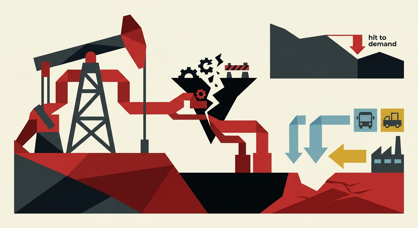Abstract flat vector illustration of geometric shapes representing shifting oil supply and demand trends.