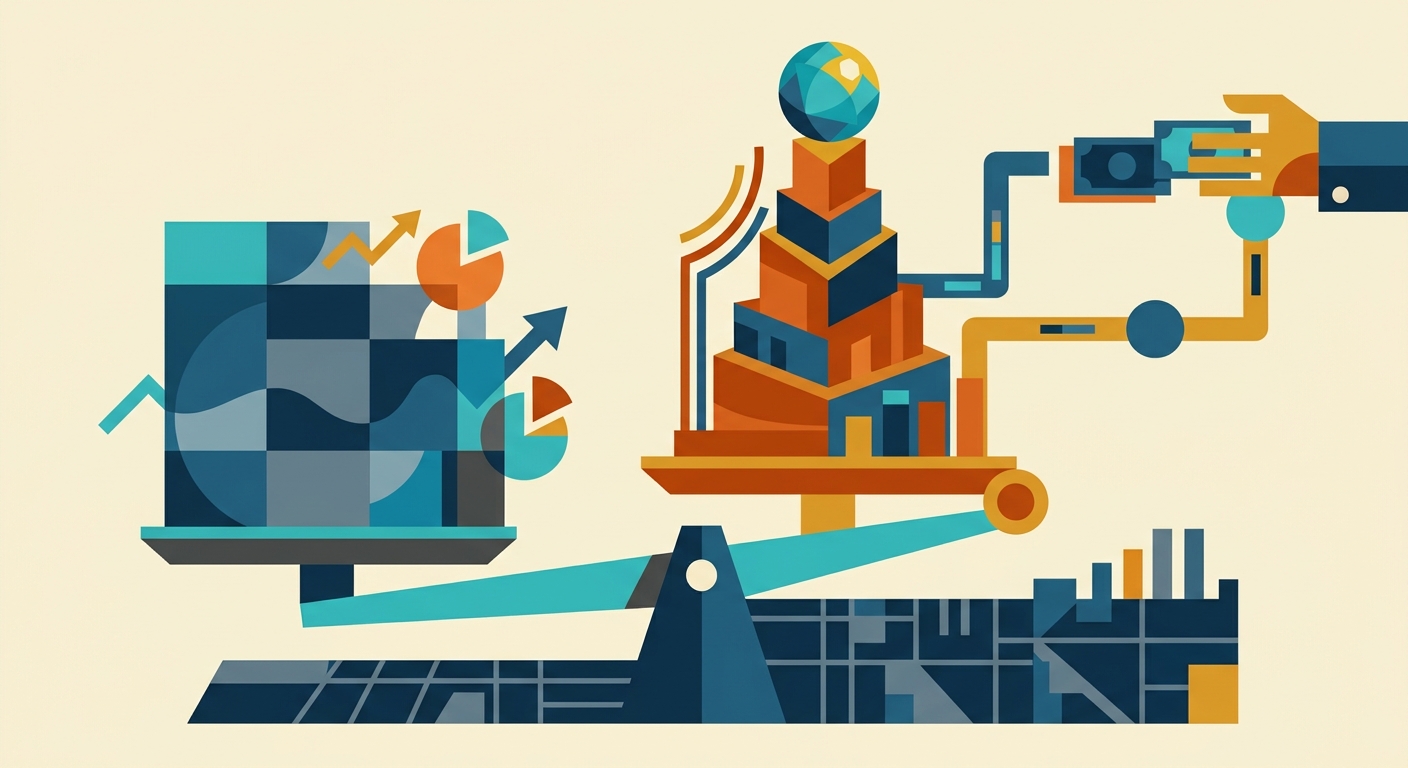Minimalist vector illustration of geometric shapes and upward arrows symbolizing financial growth and investment.