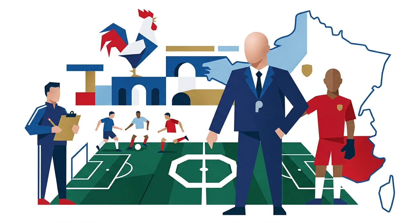 Minimalist vector illustration with geometric shapes representing a football team staff concept.
