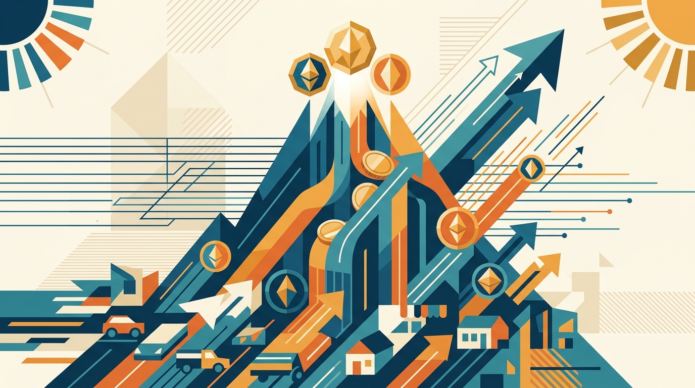 Minimalist vector illustration featuring upward-pointing geometric arrows and rising bars symbolizing financial growth.