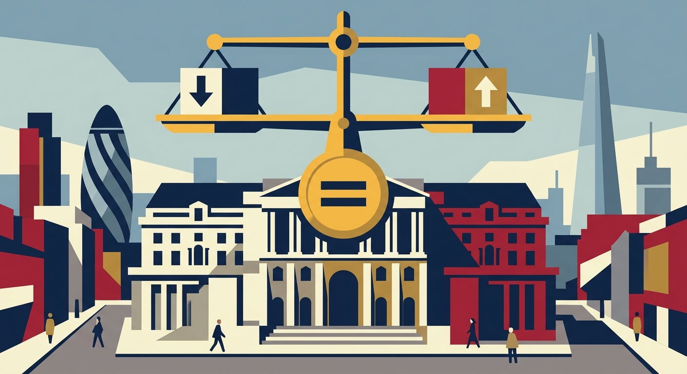 Flat vector illustration of a stylized central bank building with geometric shapes and a steady arrow symbol.